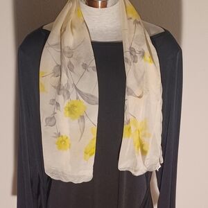 Yellow and Gray Sheer Floral Scarf 100% Silk